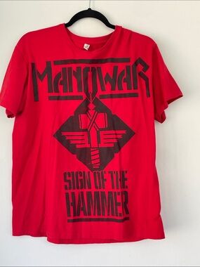 Alstyle Man of War Concert Red Tee with Black 'Sign of the Hammer' Graphic L